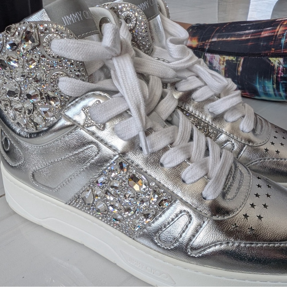 Brand new Jimmy Choo Metallic Silver Embellished Sneakers